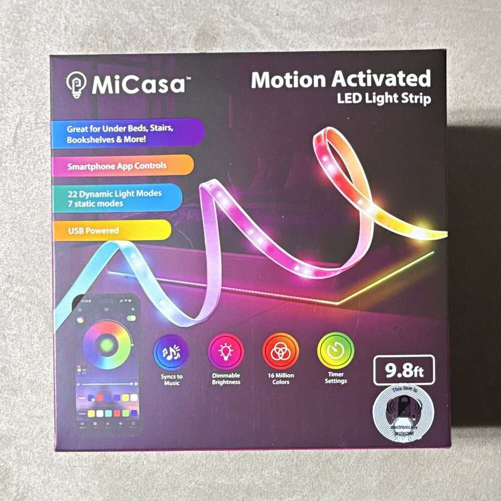 MiCasa 9.8ft USB LED RGB Light Strip App Control Motion Sensor Dimmable Timer.